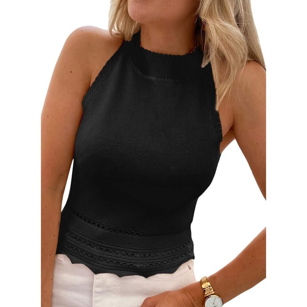 Women's Ribbed Knit Tank Top High Neck Sleeveless Crop Blouse Casual